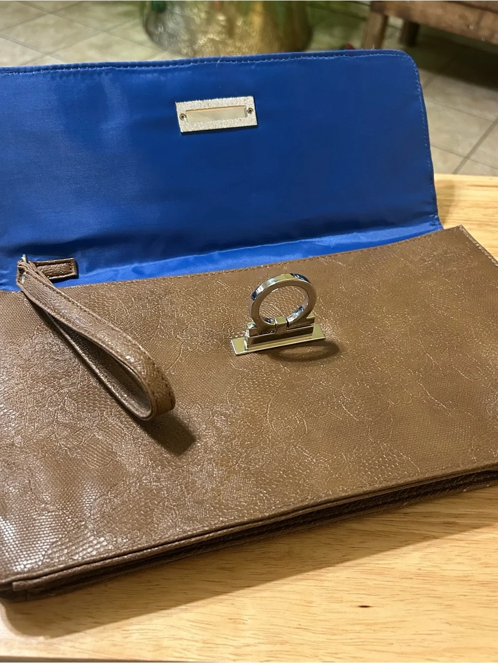 Charming Charlie Burlap & Faux Leather Large Wristlet Clutch Bag Boho